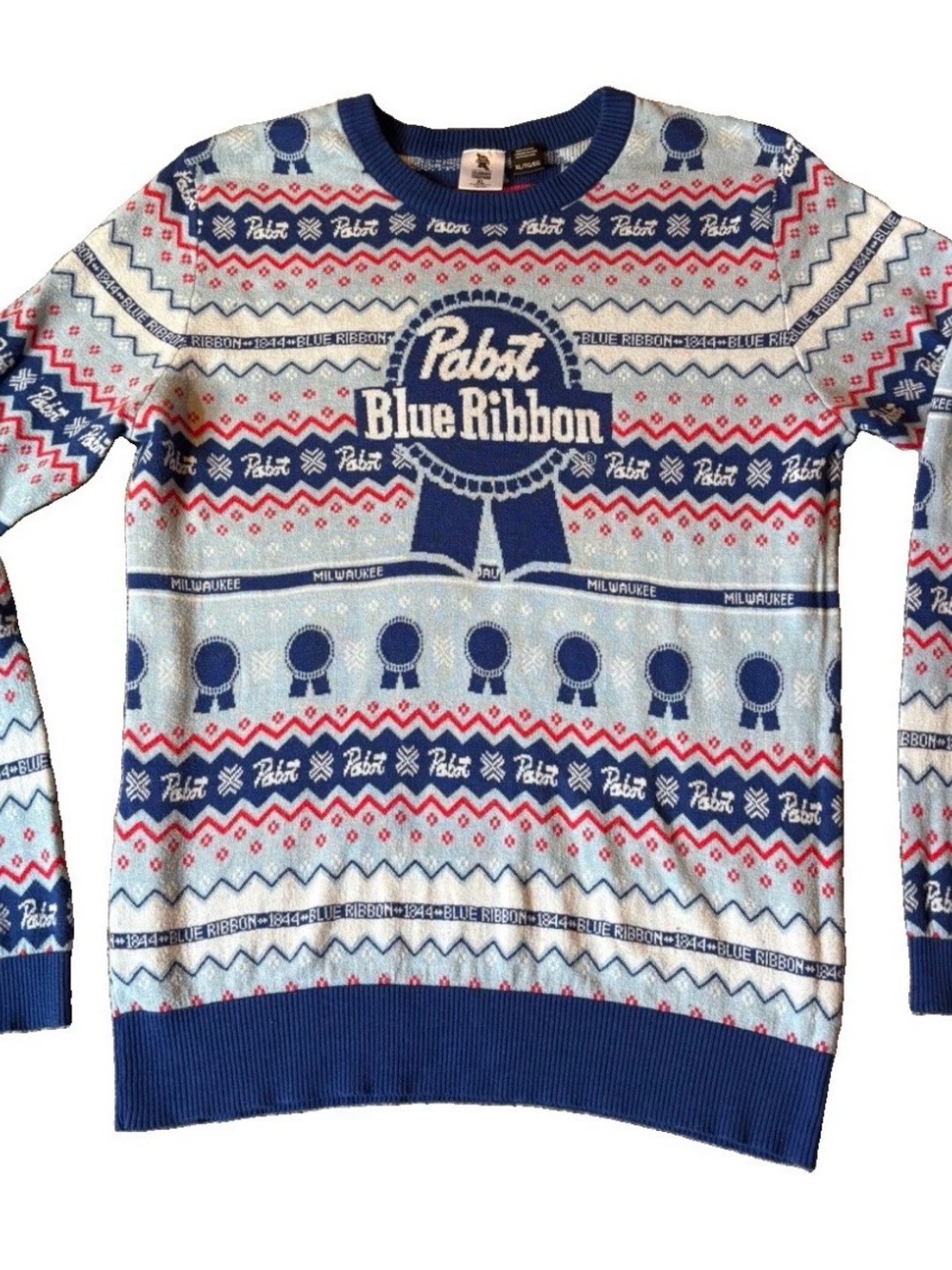 Pabst Blue Ribbon PBR Ugly Holiday Sweater Blue Red Fair Isle Milwaukee Beer